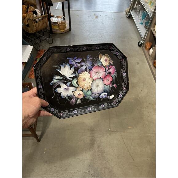 Antique Floral Tole Tray – Hand Painted Metal Vanity Wall Mail Drop VTG - Picture 1 of 1